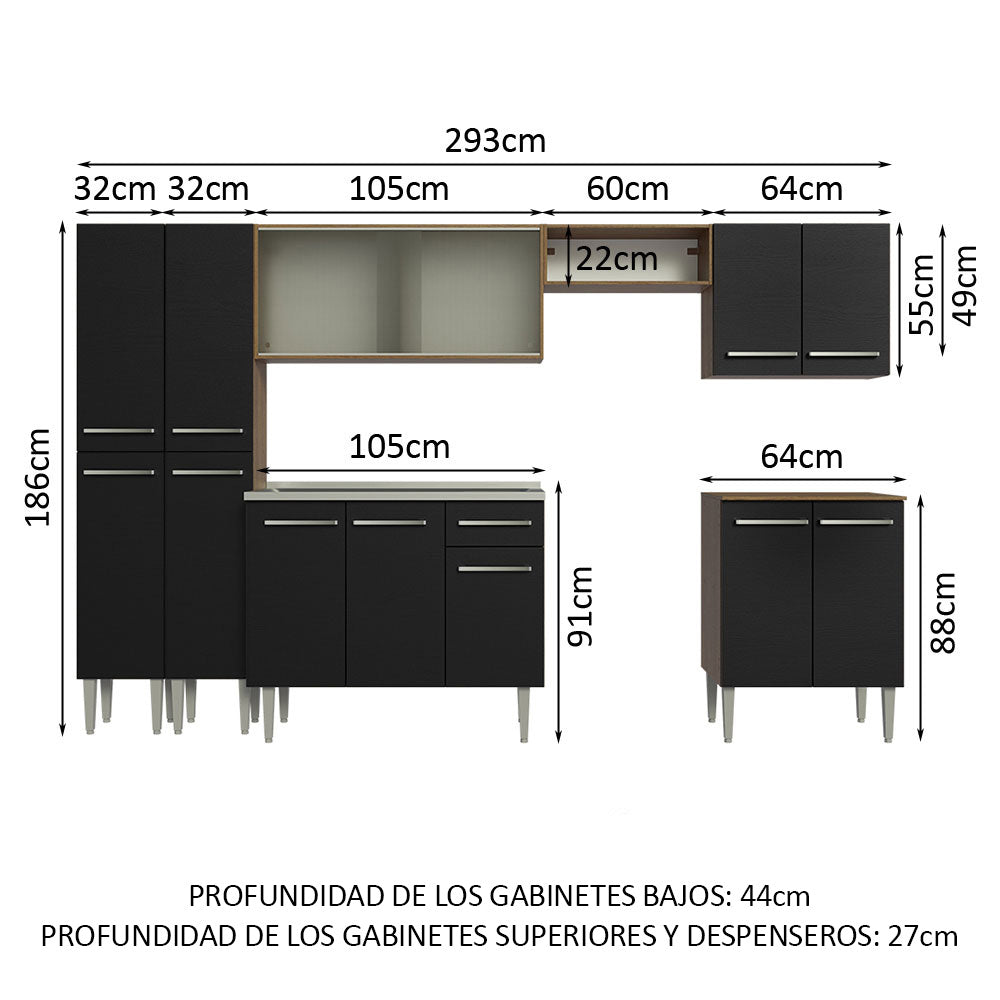 Cocina Integral 293cm con Fregadero Marrón/Negro Emilly 06