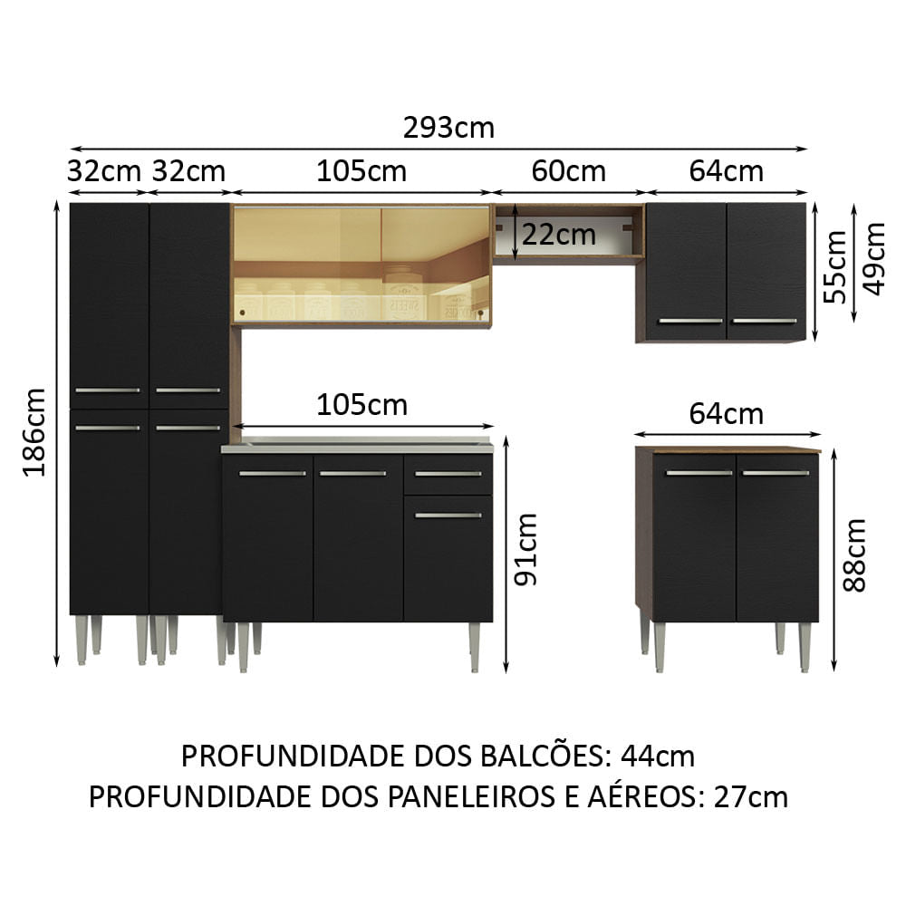 Cocina Integral 293 cm Con Fregadero Marrón/Negro Emilly Madesa