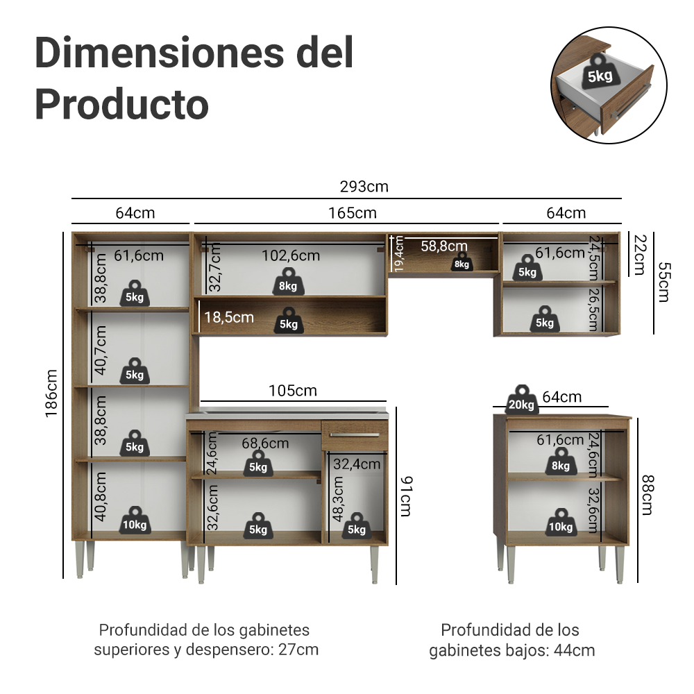 Cocina Integral 293cm con Fregadero Marrón Emilly 08