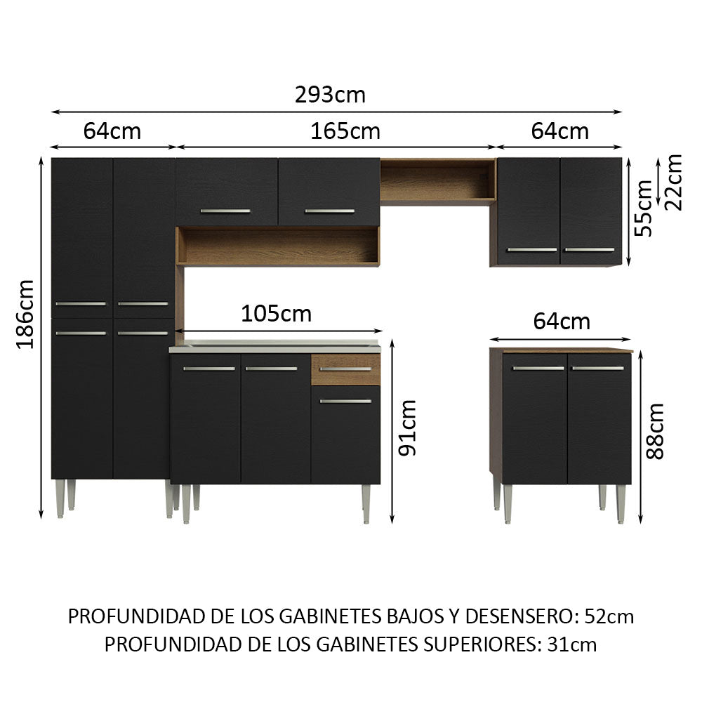 Cocina Integral 293cm con Fregadero Marrón/Negro Emilly 08