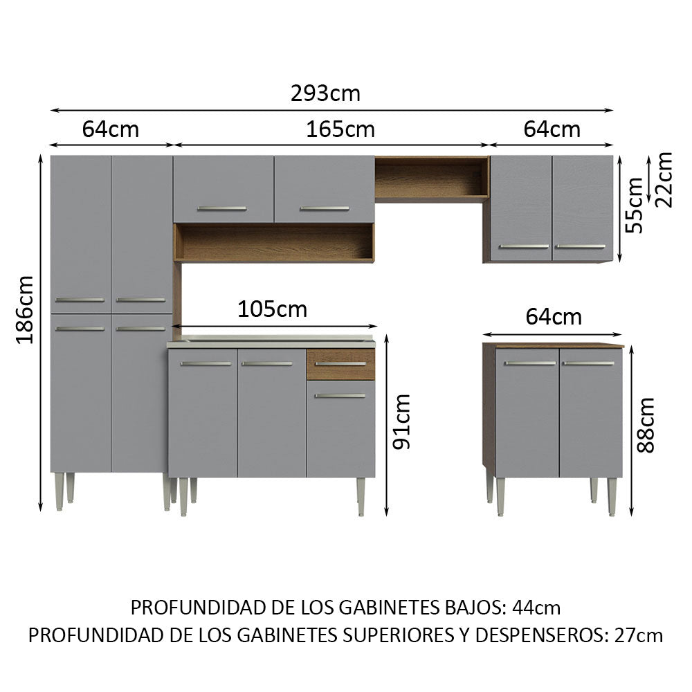 Cocina Integral 293cm con Fregadero Marrón/Gris Emilly 08