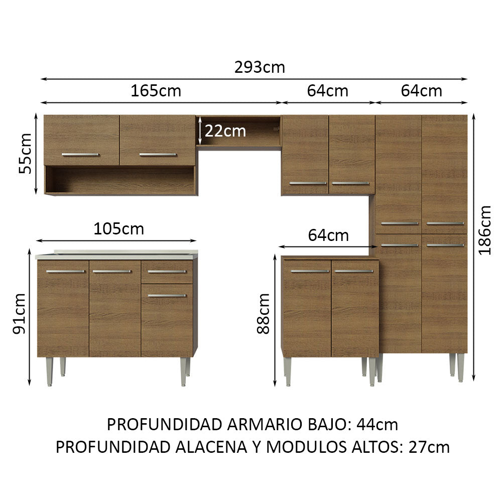 Cocina Integral 293cm con Fregadero Marrón Emilly 09