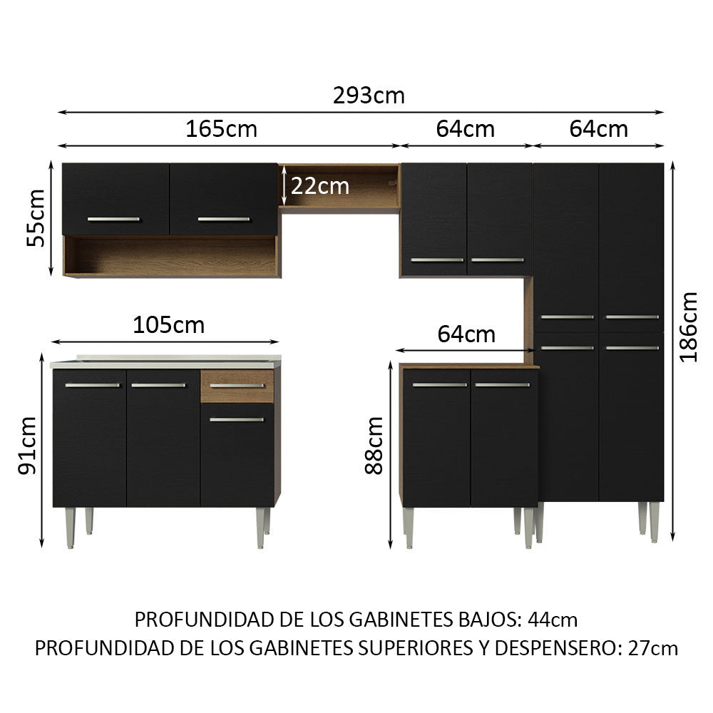Cocina Integral 293cm con Fregadero Marrón/Negro Emilly 09