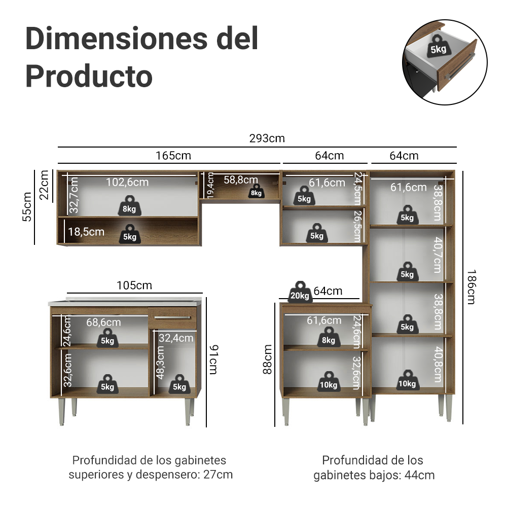 Cocina Integral 293cm con Fregadero Marrón/Negro Emilly 09