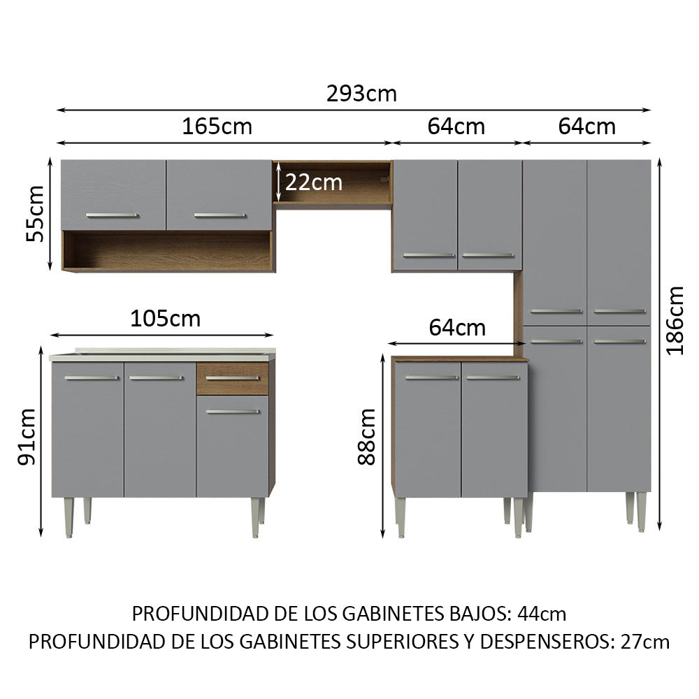 Cocina Integral 293cm con Fregadero Marrón/Gris Emilly 09