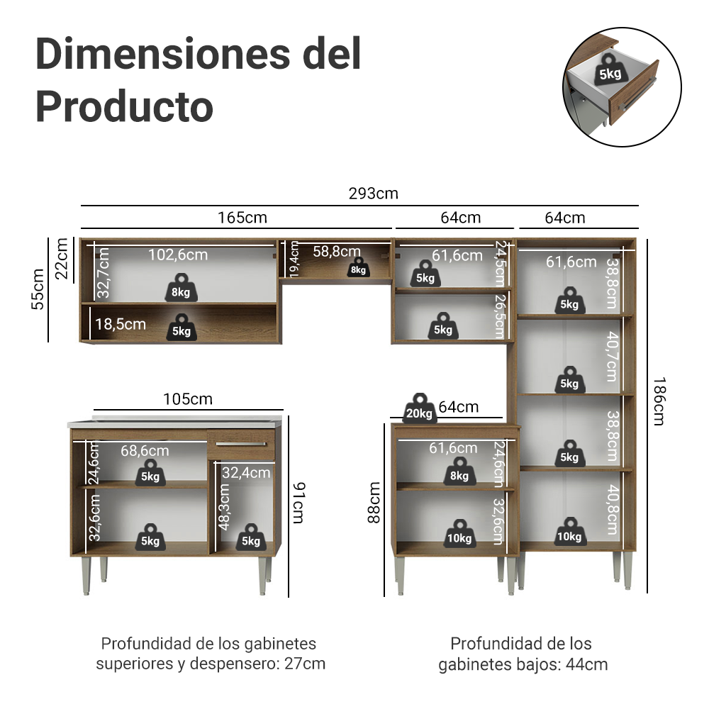 Cocina Integral 293cm con Fregadero Marrón/Gris Emilly 09