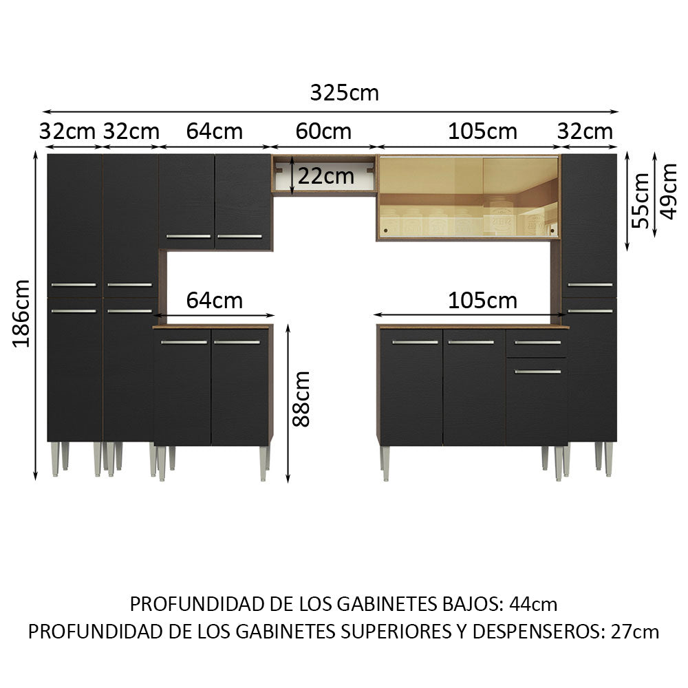 Cocina Integral 325cm Marrón/Negro Emilly 04