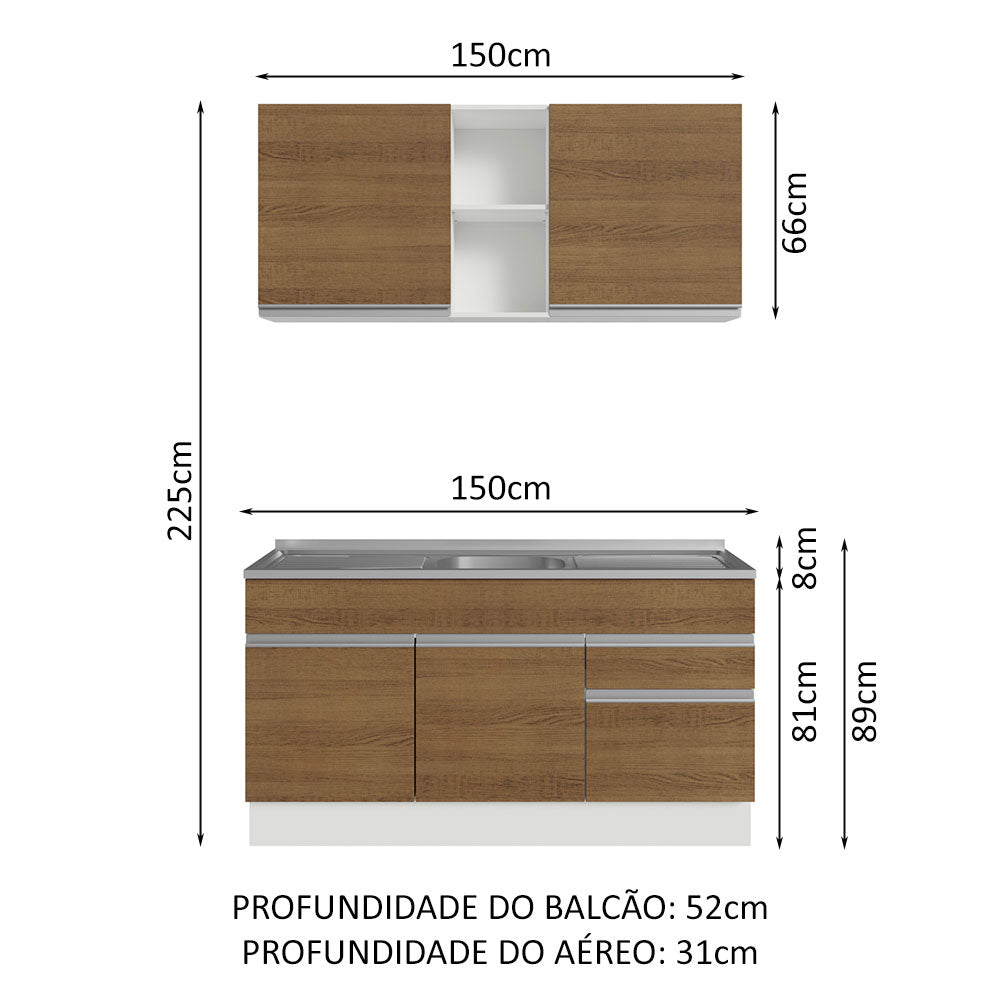 Cocina Integral con Tarja 150cm Blanco/Marrón Glamy 03