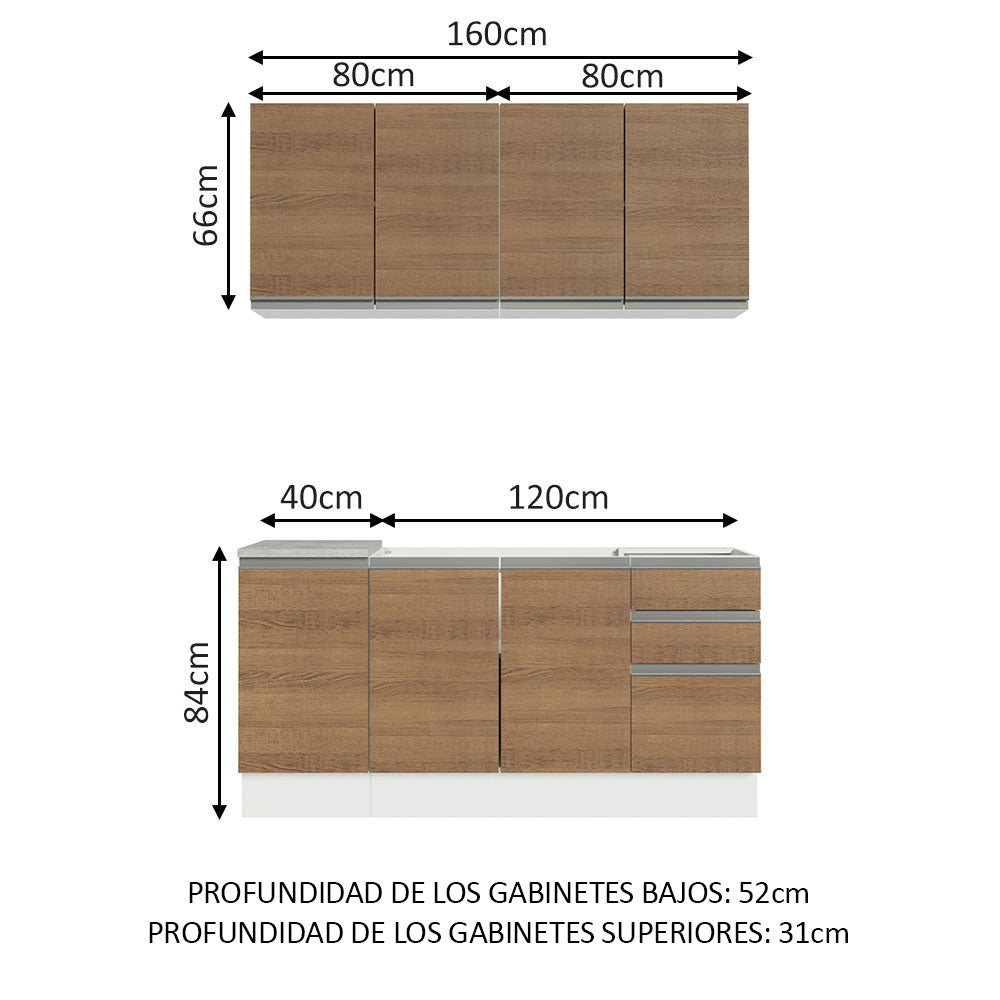 Cocina Compacta 160cm con Fregadero Blanco/Marrón Glamy 03