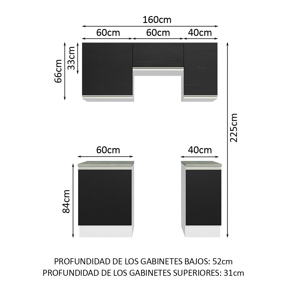 Cocina Compacta 160 cm Blanco/Negro Glamy Madesa