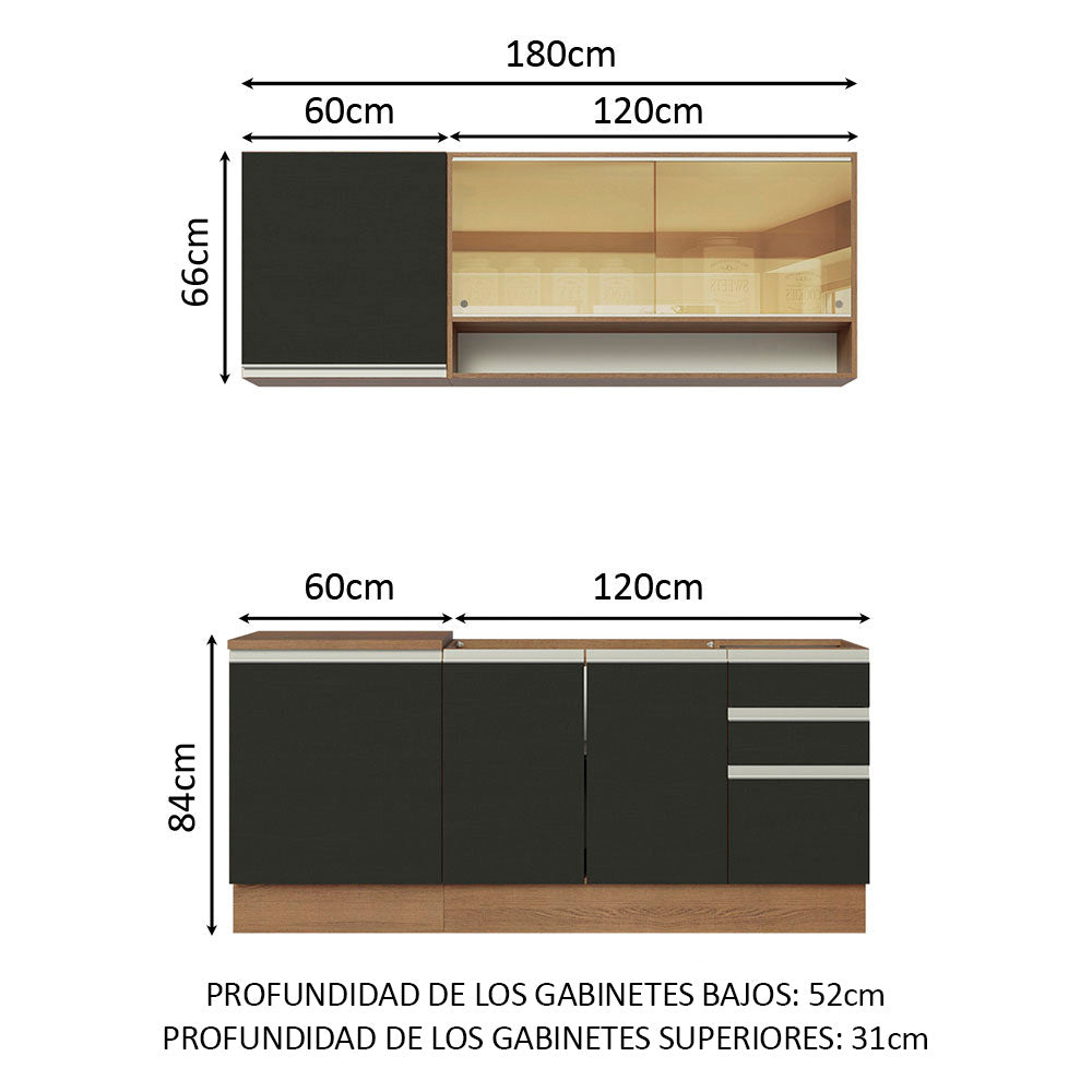 Cocina Compacta 180 x 52 cm 6 Puertas 3 Cajones Marrón/Negro Glamy Madesa 06