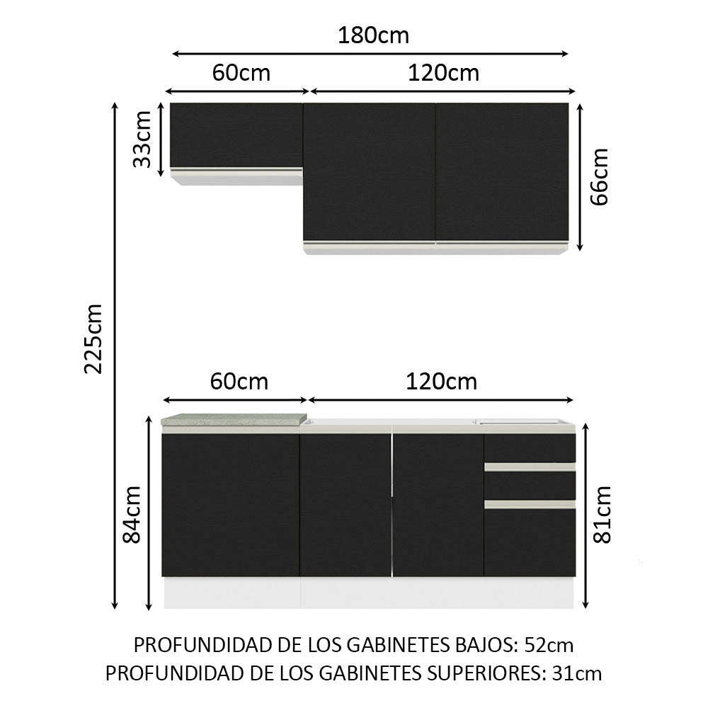 Cocina Compacta 180 cm Blanco/Negro Glamy Madesa