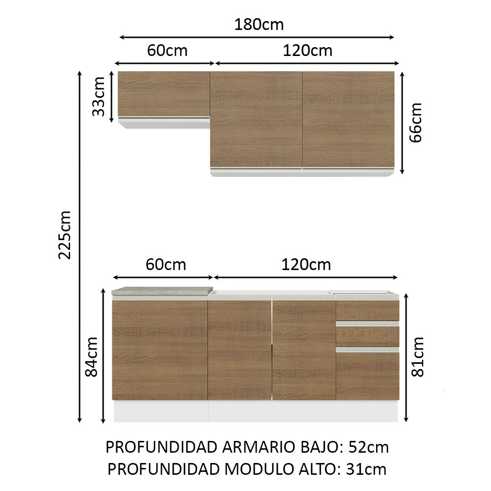 Cocina Compacta 180cm Sin Mesón de Acero Blanco/Marrón Glamy Madesa 07