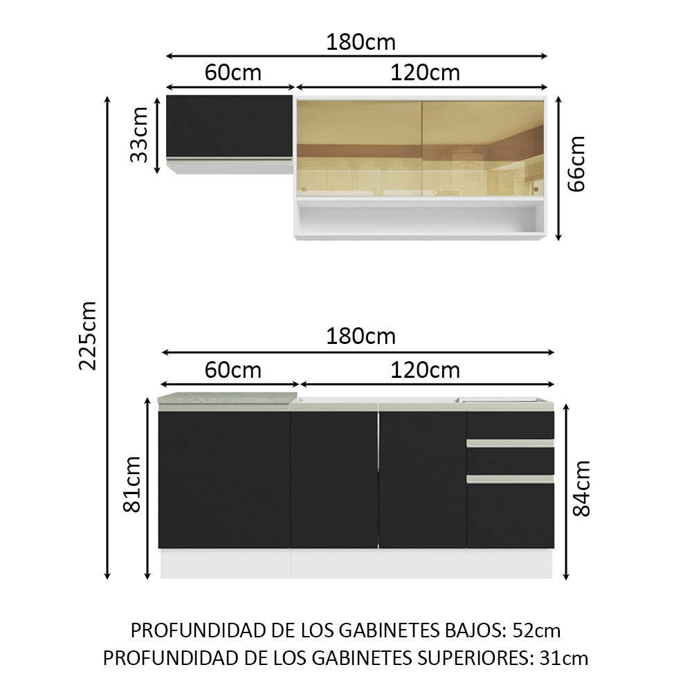 Cocina Compacta 180 cm Blanco/Negro Glamy Madesa