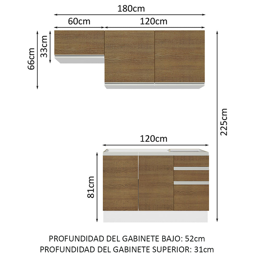 Cocina Compacta 180cm sin Fregadero Blanco/Marrón Glamy 09
