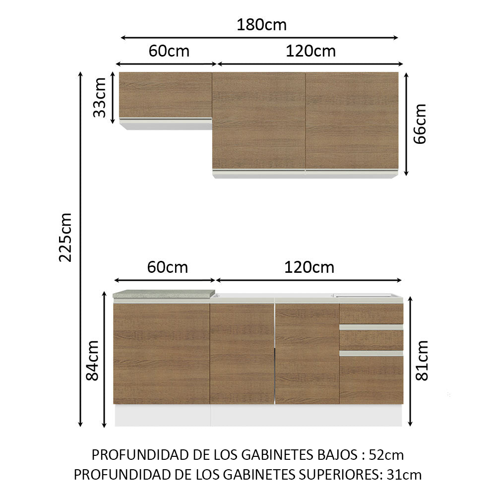 Cocina Integral con Fregadero 180cm Glamy 13 Blanco/Marrón