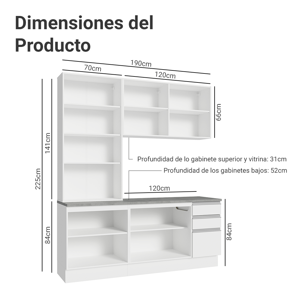 Cocina Compacta 190 cm Con Vitrina Blanco Glamy Madesa