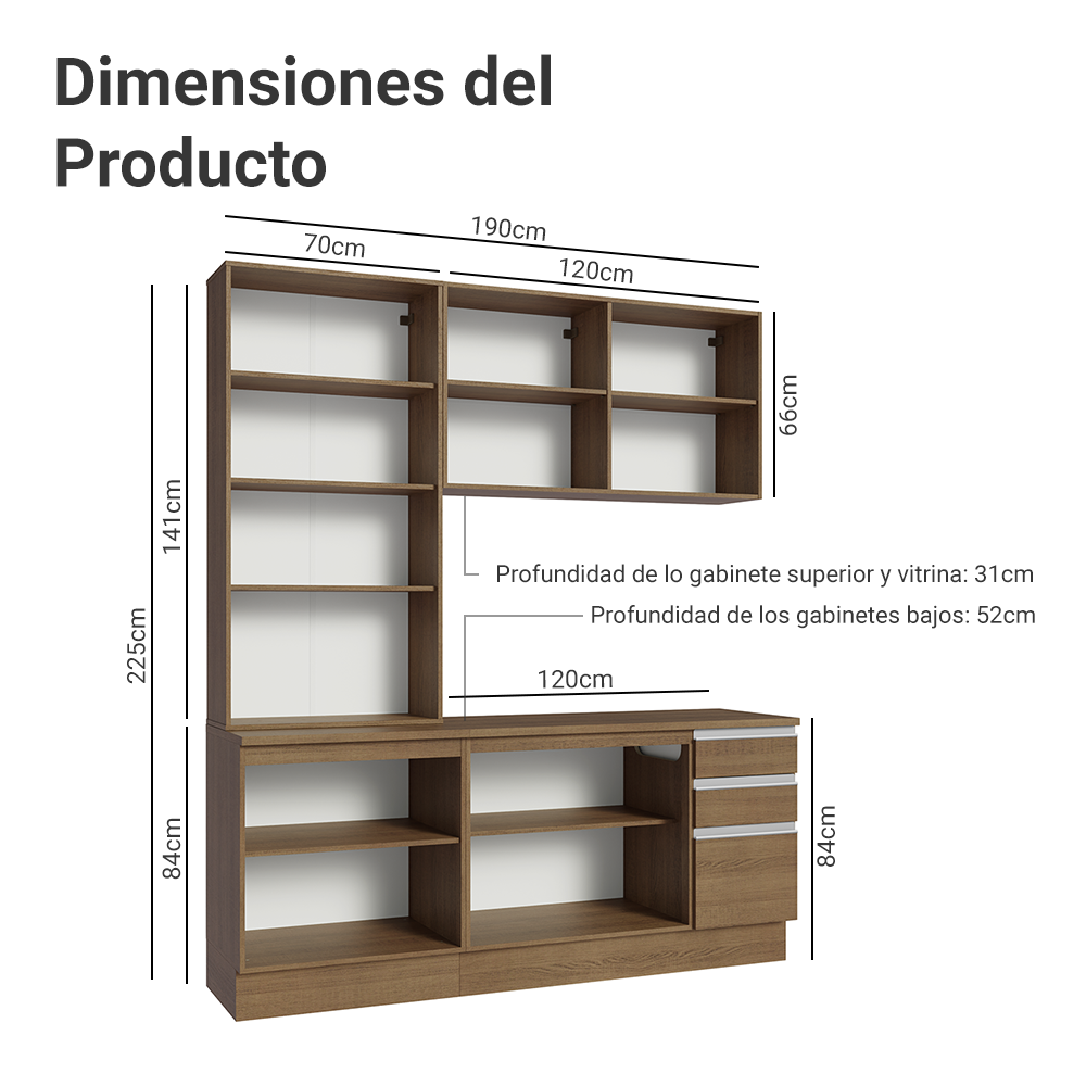 Cocina Compacta 190 cm Con Vitrina Marrón Glamy Madesa