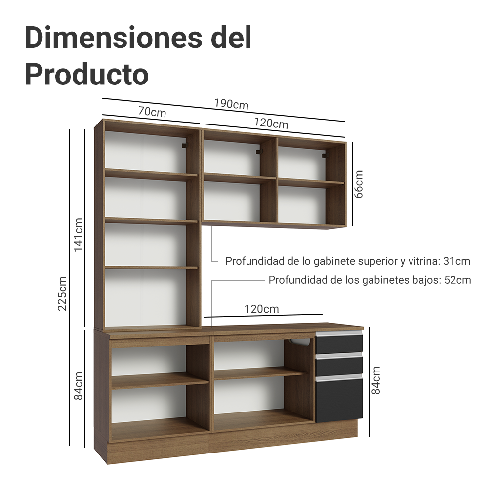 Cocina Compacta 190 cm Con Vitrina Marrón/Negro Glamy Madesa