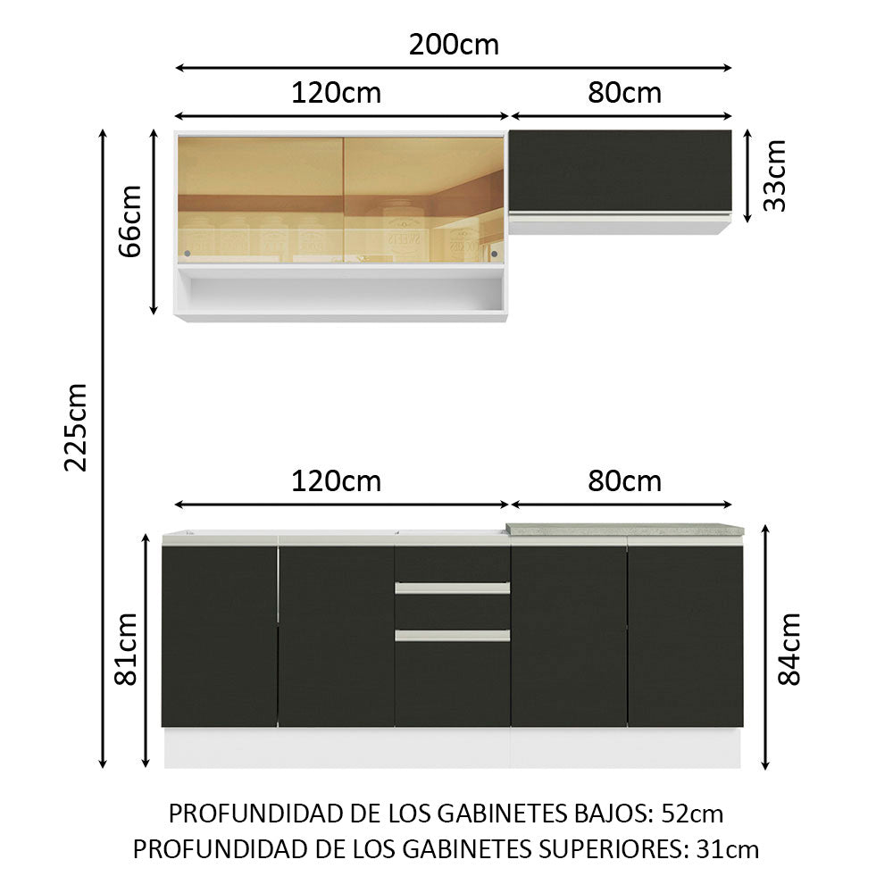 Cocina Compacta 200 cm Blanco/Negro Glamy Madesa
