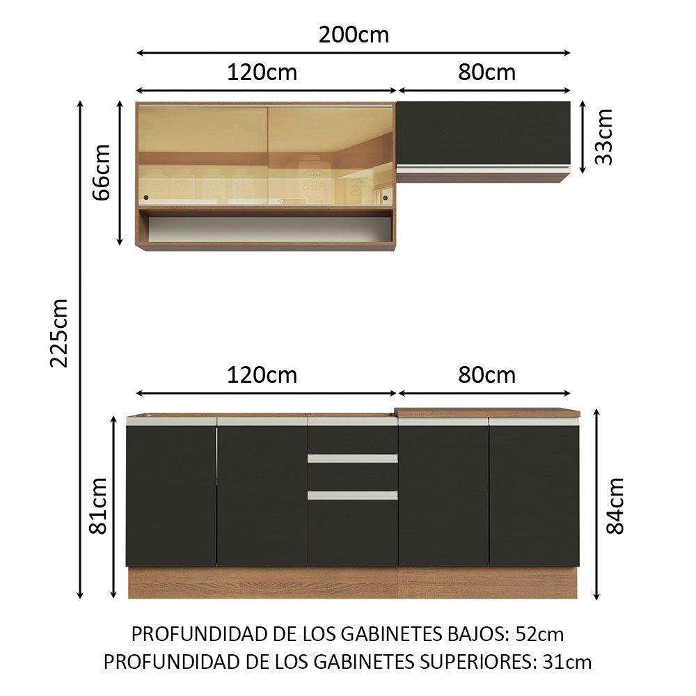 Cocina Compacta 200 cm Marrón/Negro Glamy Madesa