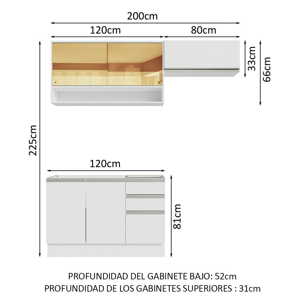Cocina Integral 200cm sin Fregadero Blanco Glamy 08