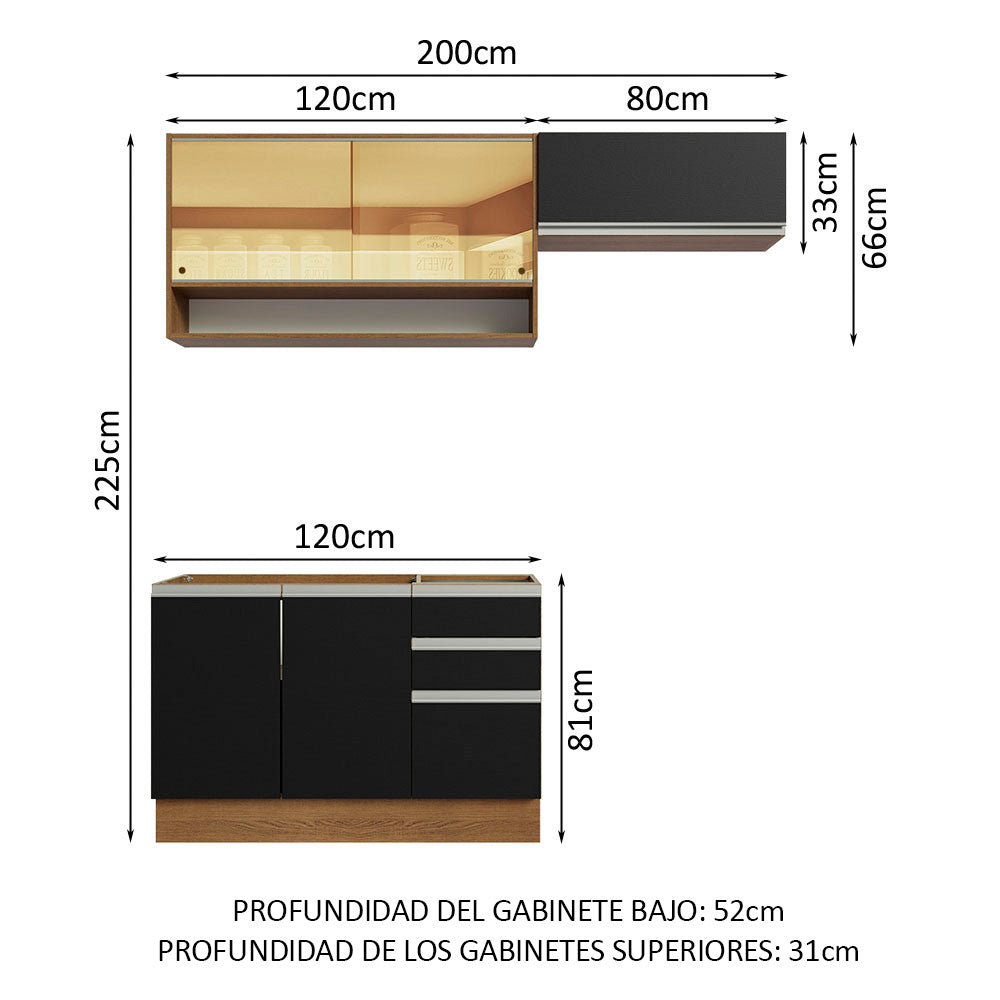 Cocina Compacta 200 cm Marrón/Negro Glamy Madesa