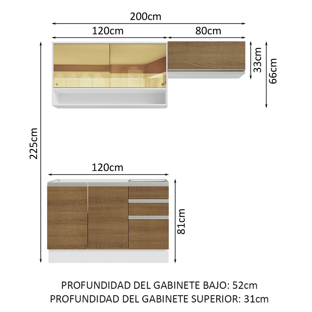 Cocina Integral 200cm sin Fregadero Blanco/Marrón Glamy 08