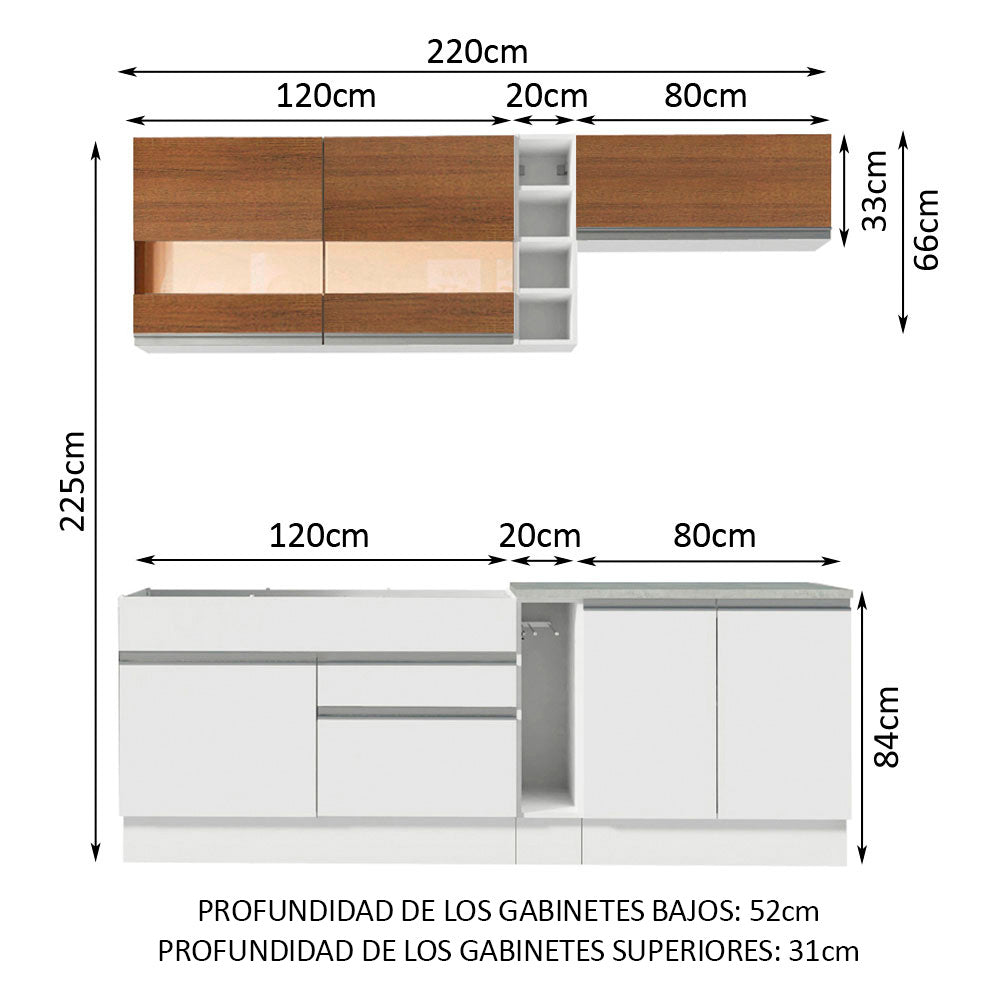 Cocina Compacta 220 x 52 cm 6 Puertas 2 Cajones Blanco/Marrón Glamy Madesa 01