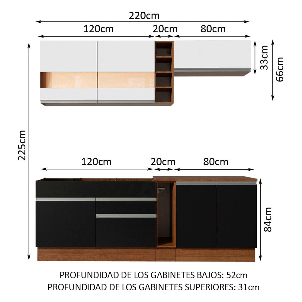 Cocina Compacta 220 cm Marrón/Negro/Blanco Glamy Madesa