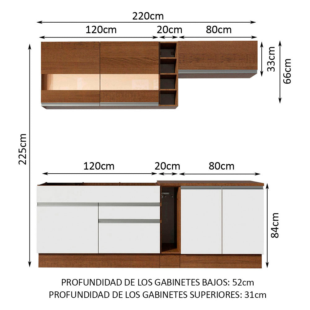 Cocina Compacta 220 x 52 cm 6 Puertas 2 Cajones Marrón/Blanco Glamy Madesa 01