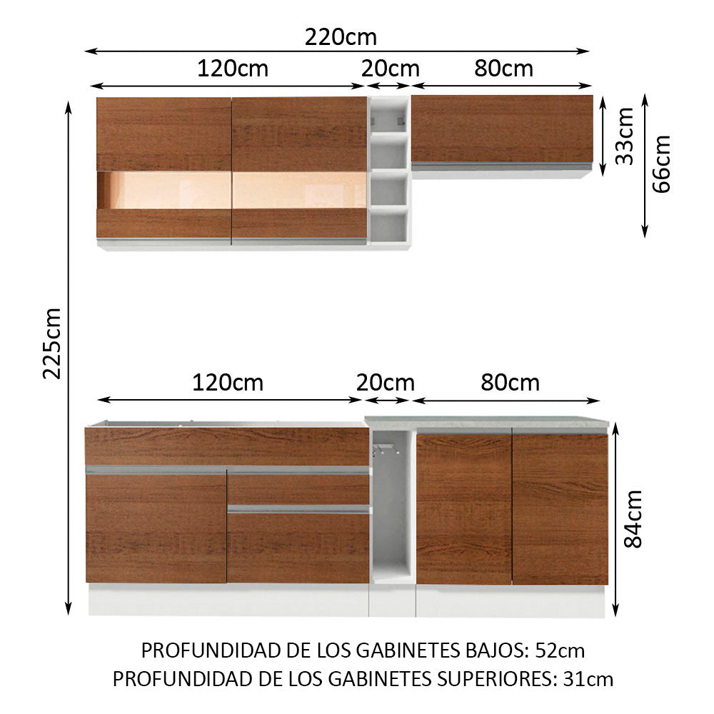 Cocina Compacta 220 x 52 cm 6 Puertas 2 Cajones Blanco/Marrón Glamy Madesa 02