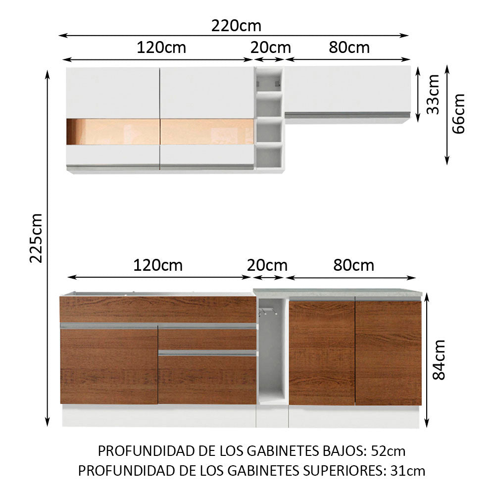 Cocina Compacta 220 x 52 cm 6 Puertas 2 Cajones Blanco/Marrón Glamy Madesa 03