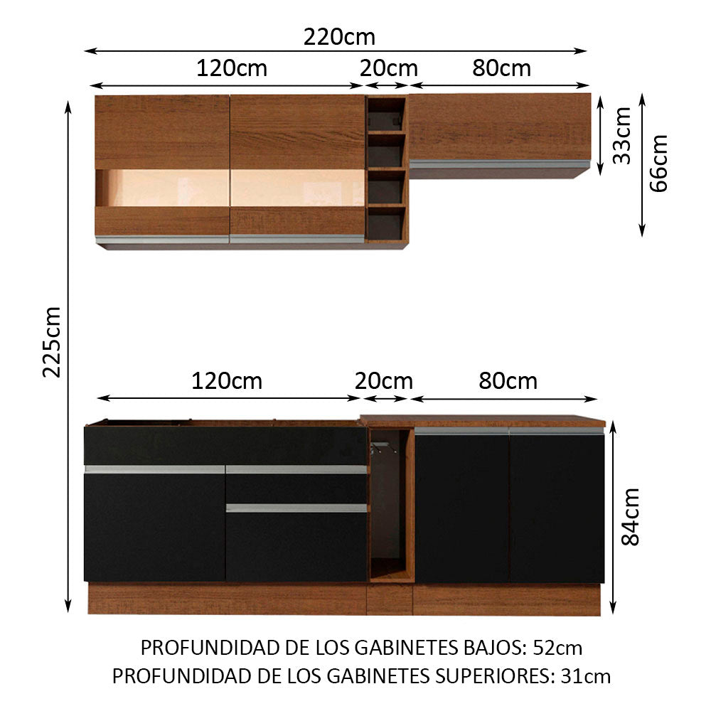 Cocina Compacta 220 cm Marrón/Negro Glamy Madesa