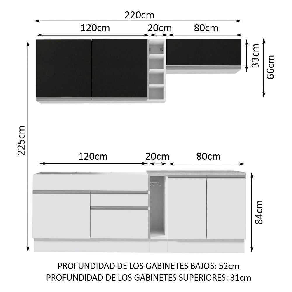 Cocina Compacta 220 x 52 cm 6 Puertas 2 Cajones Blanco/Negro Glamy Madesa 03