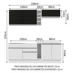 Cocina Compacta 220 x 52 cm 6 Puertas 2 Cajones Blanco/Negro Glamy Madesa 03