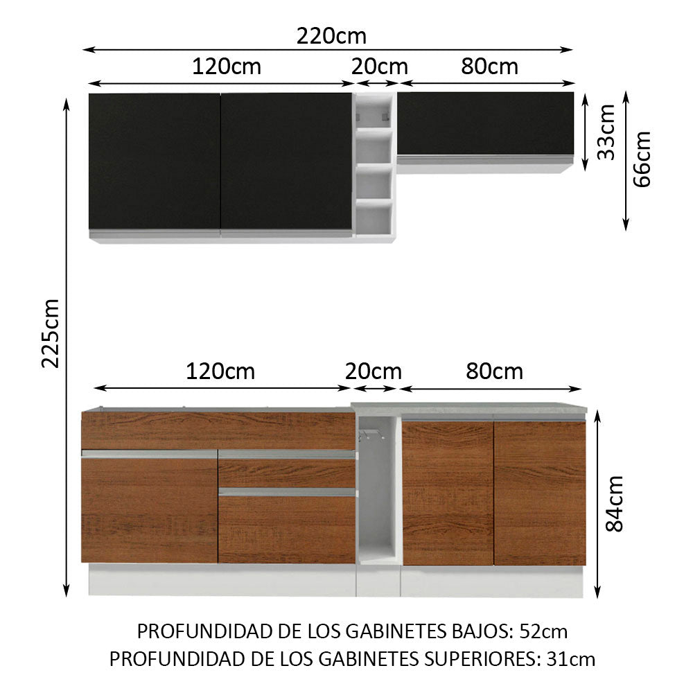 Kit Cocina Lineal- Glamy 220 cm - Blanco - Marrón / Negro