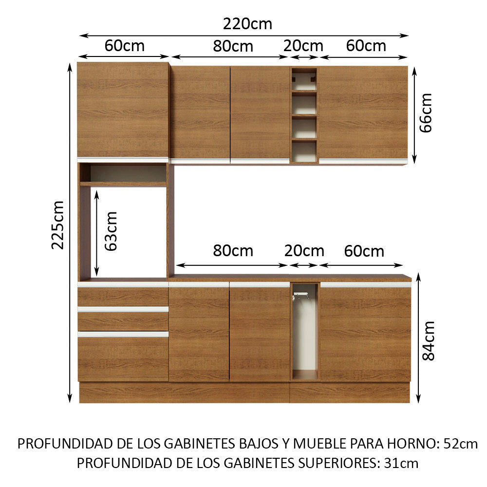Cocina Compacta 220 x 52 cm 7 Puertas 3 Cajones Marrón Glamy Madesa