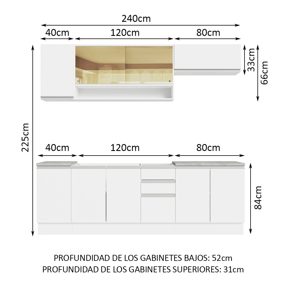 Cocina Integral 240 cm Con Fregadero Blanco Glamy Madesa