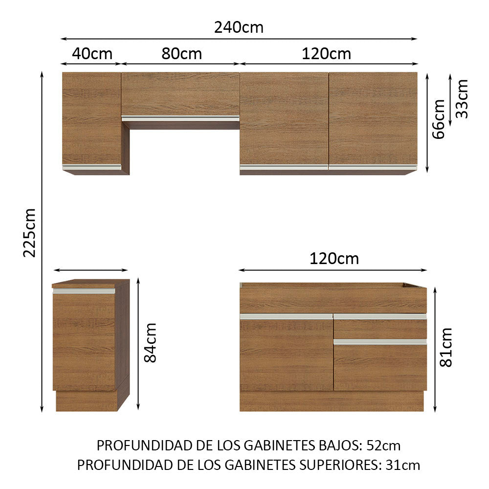 Cocina Integral 240 x 52 cm 6 Puertas 2 Cajones Marrón Glamy Madesa 07
