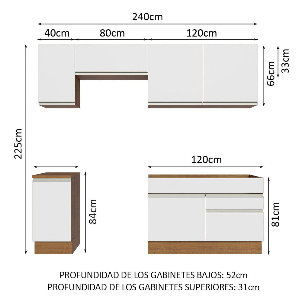 Cocina Integral 240 x 52 cm 6 Puertas 2 Cajones Marrón/Blanco Glamy Madesa 07