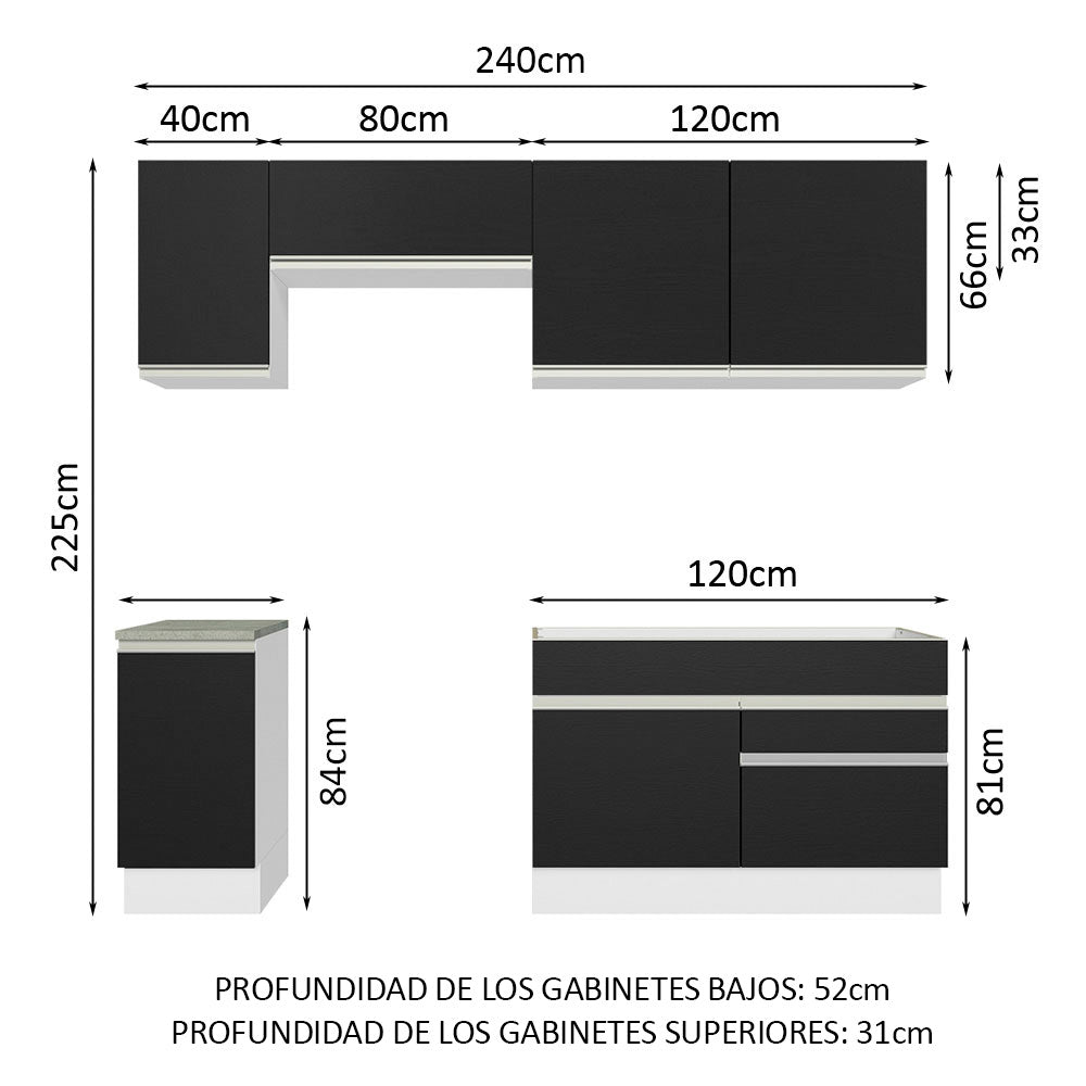 Cocina Integral 240 cm Blanco/Negro Glamy Madesa
