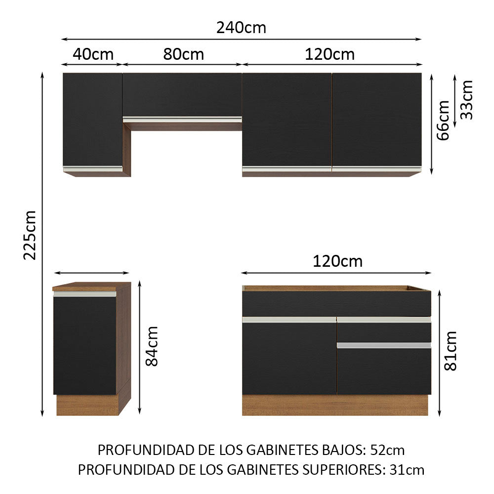Cocina Integral 240 x 52 cm 6 Puertas 2 Cajones Marrón/Negro Glamy Madesa 07