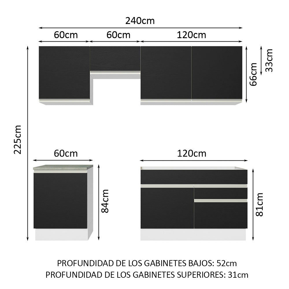 Cocina Integral 240 cm Blanco/Negro Glamy Madesa