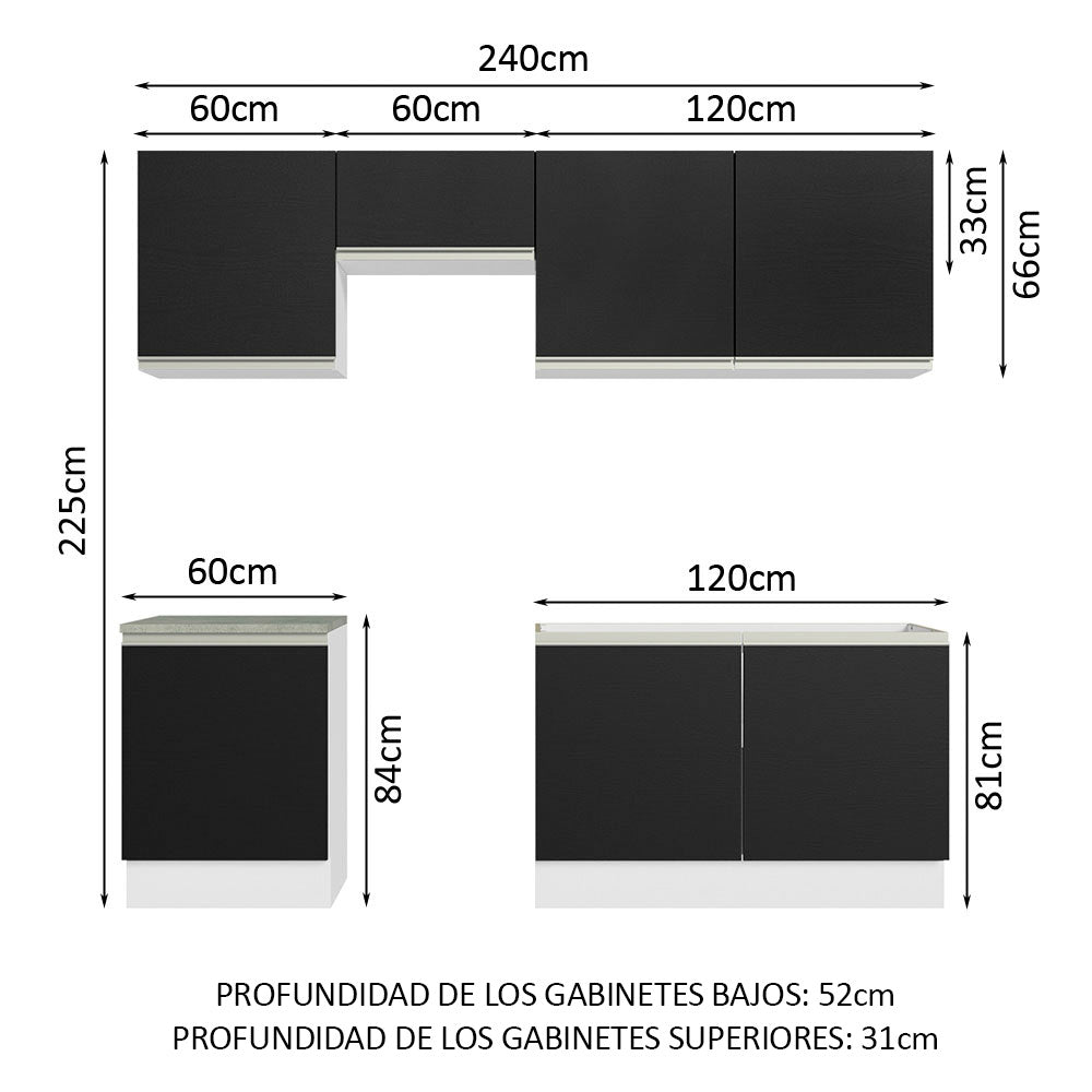 Cocina Integral 240 cm Blanco/Negro Glamy Madesa