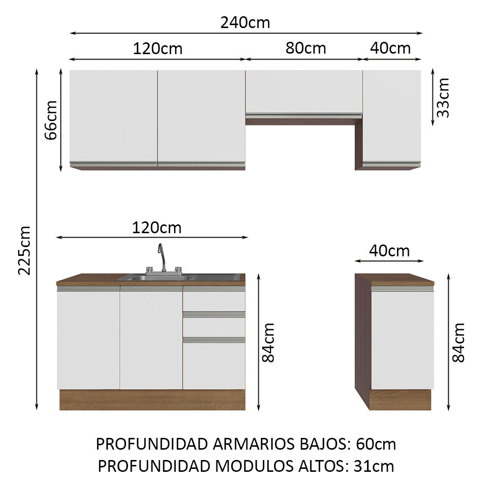 Cocina Integral con Accesorios 240cm Glamy Marrón/Blanco