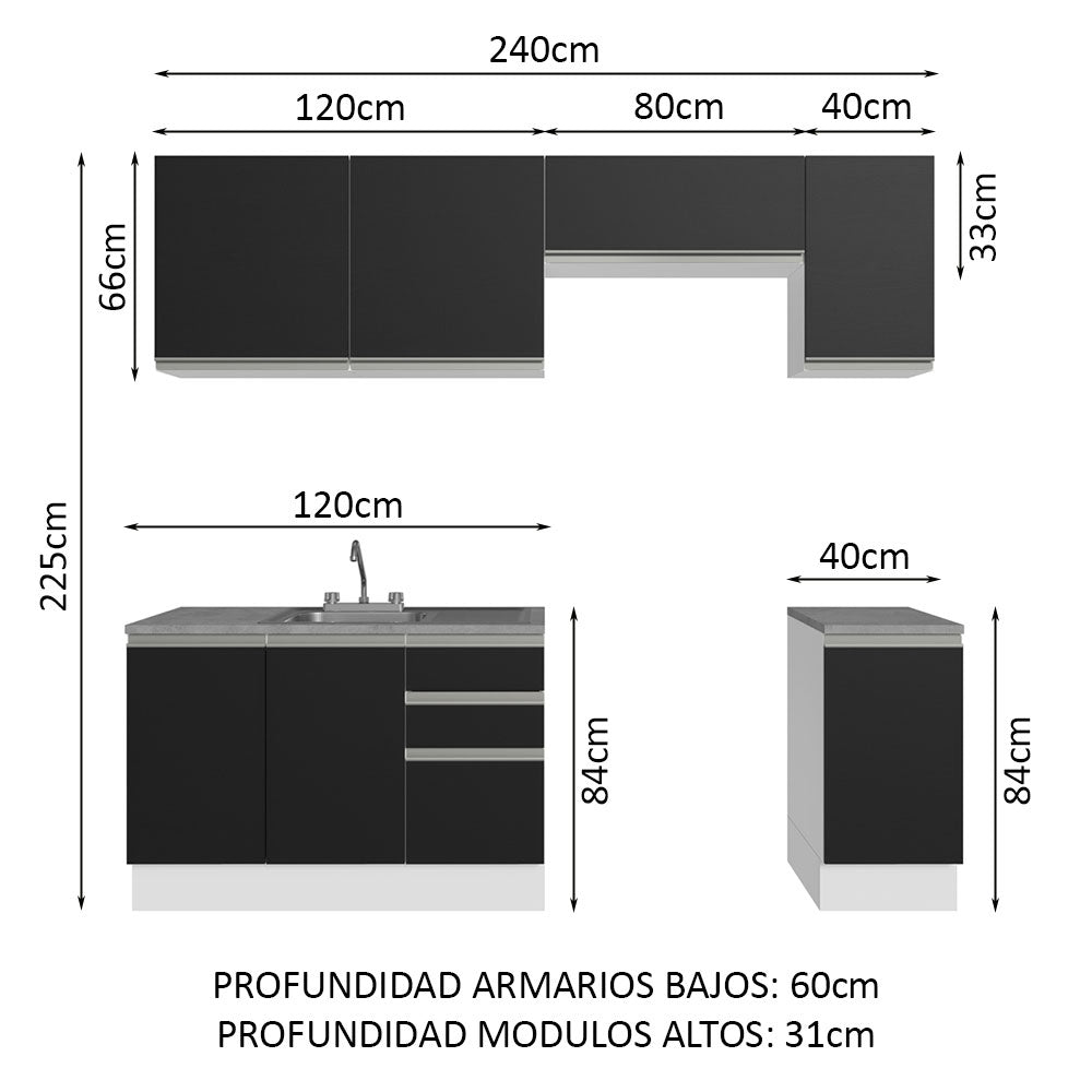 Cocina Integral con Accesorios 240cm Glamy Blanco/Negro