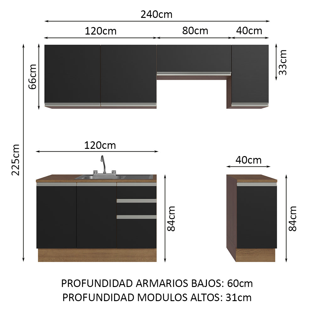 Cocina Integral 240 cm Con Fregadero y Accesorios de Cocina Marrón/Negro Glamy Madesa