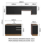 Cocina Integral 240 cm Con Fregadero y Accesorios de Cocina Marrón/Negro Glamy Madesa