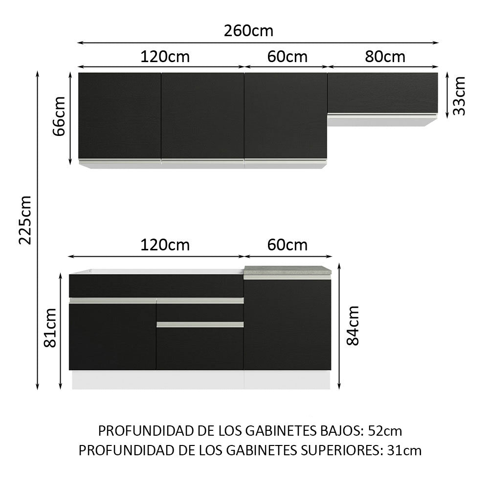Cocina Integral 260 cm Blanco/Negro Glamy Madesa